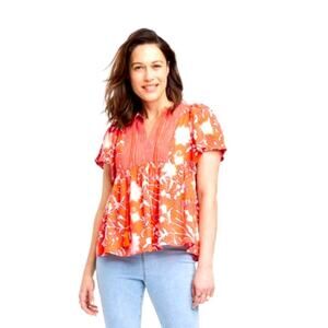 Knox Rose Women’s Coral Floral Boho Blouse Babydoll Top Summer 
Hawaiian Top
